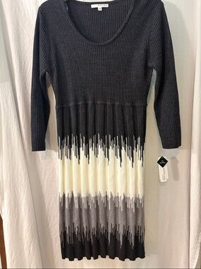 Studio One Black, Cream & Gray Ribbed Midi Dress